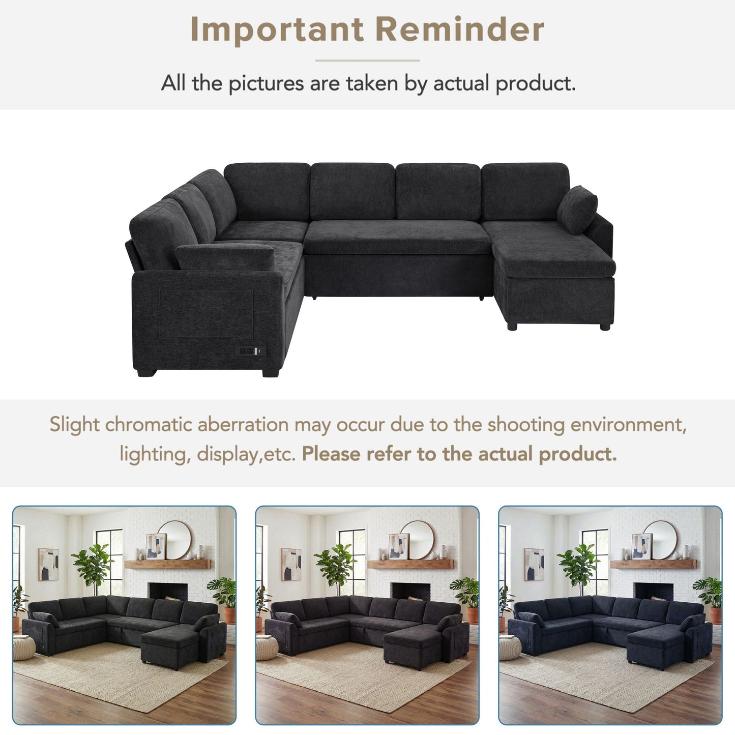 HouseOfZazla Convertible U-shaped sectional sofa bed with reversible chaise charcoal fabric on Tampa Home & Garden Store
