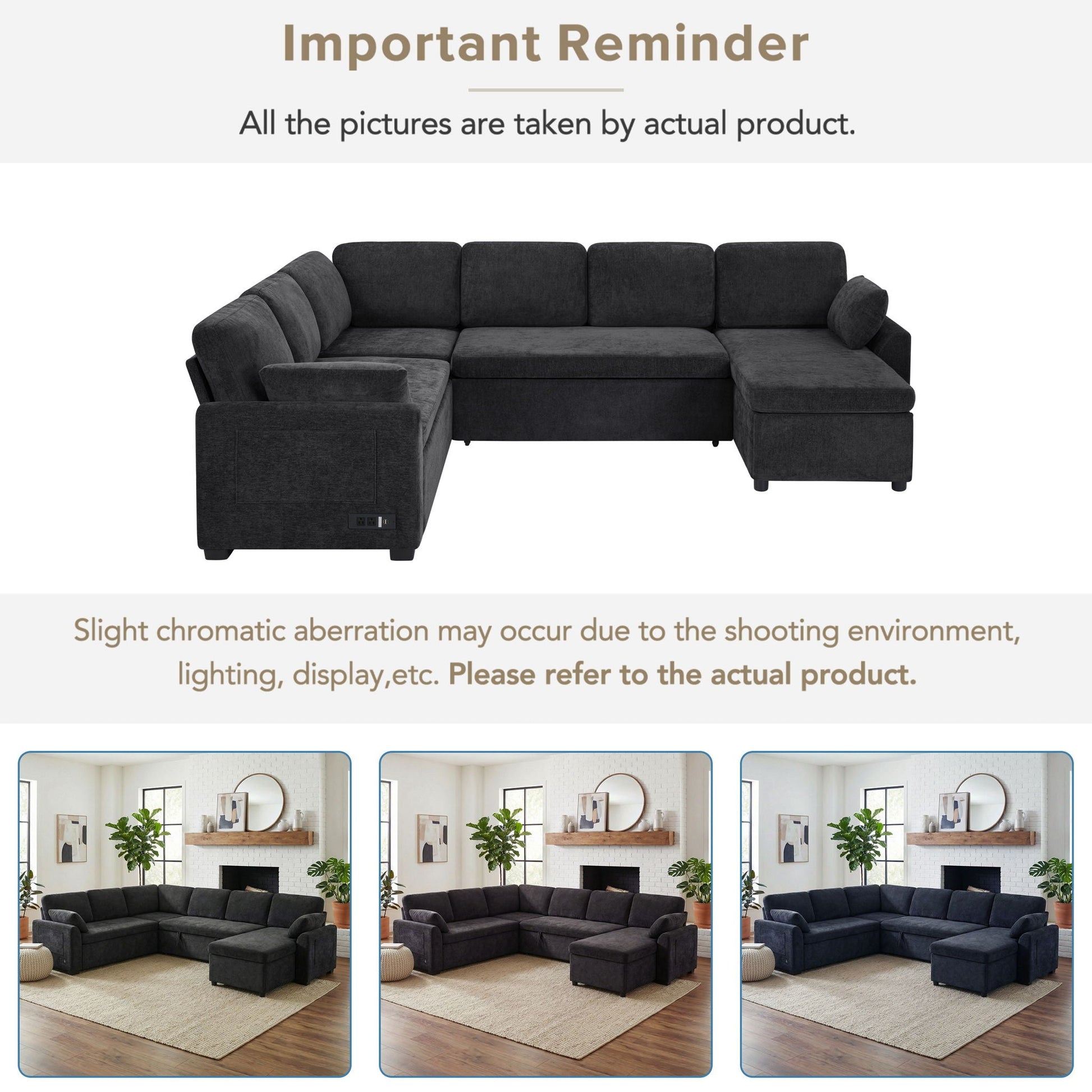 HouseOfZazla Convertible U-shaped sectional sofa bed with reversible chaise charcoal fabric on Tampa Home & Garden Store