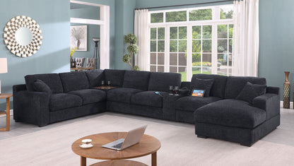 Celine fabric corner sectional sofa with right chaise, charcoal upholstery, cupholders, charging ports on Tampa Home & Garden Store
