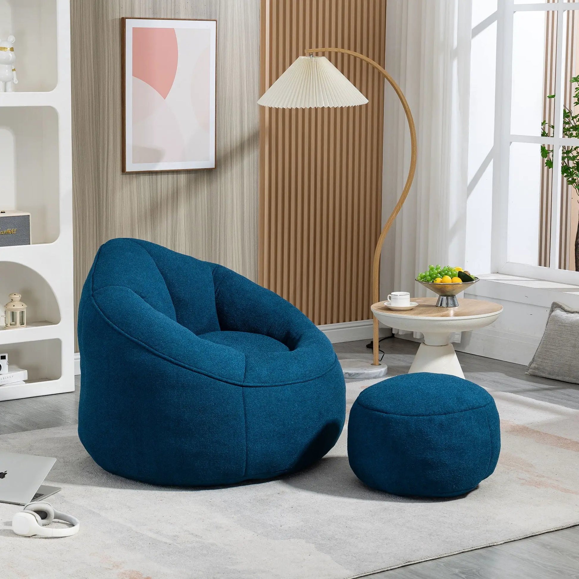 Bedding bean bag sofa chair with high pressure foam footrest and matching ottoman in blue on Tampa Home & Garden Store