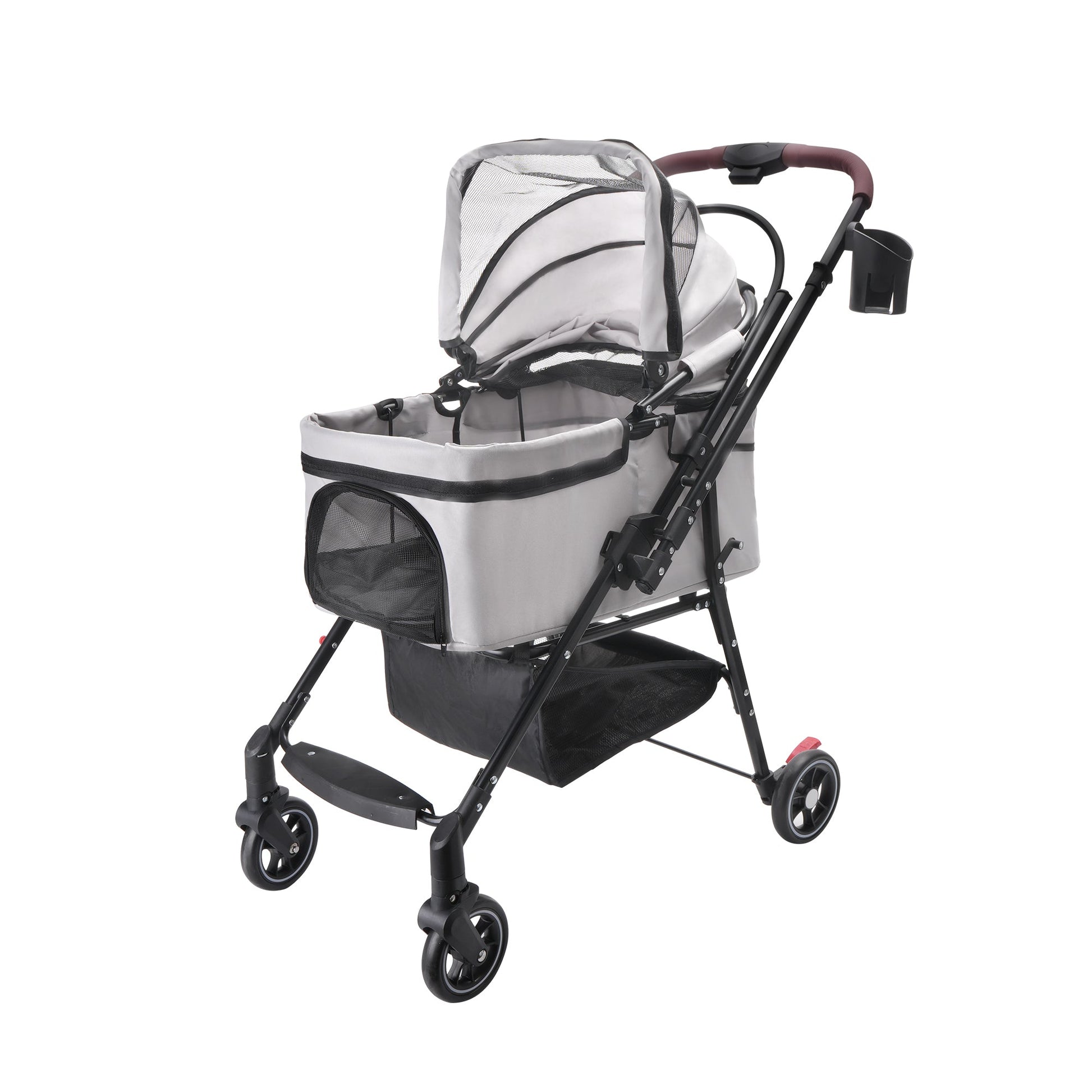 4-Wheel Foldable Pet Stroller gray fabric with mesh canopy and black frame for dogs and cats on Tampa Home & Garden Store