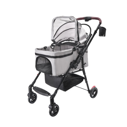 4-Wheel Foldable Pet Stroller gray fabric with mesh canopy and black frame for dogs and cats on Tampa Home & Garden Store