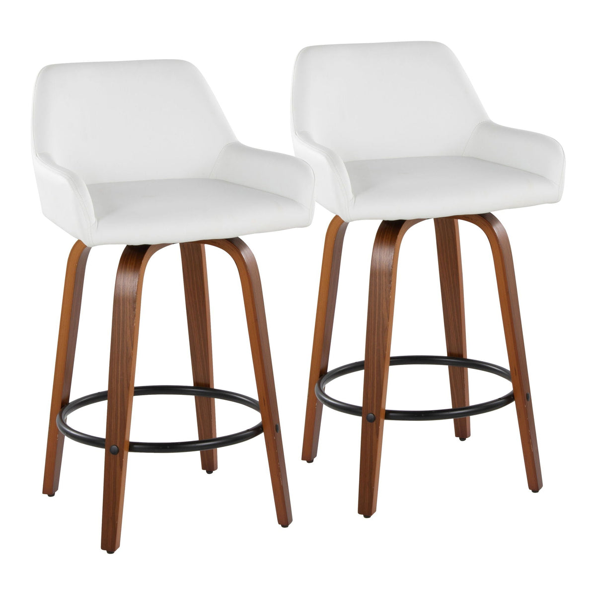 Two white fixed-height swivel counter stools with round footrests and wood legs HouseOfZazla on Tampa Home & Garden Store