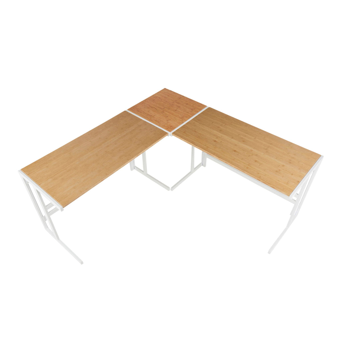 Industrial L-shaped desk with bamboo top in natural finish and white frame on Tampa Home & Garden Store