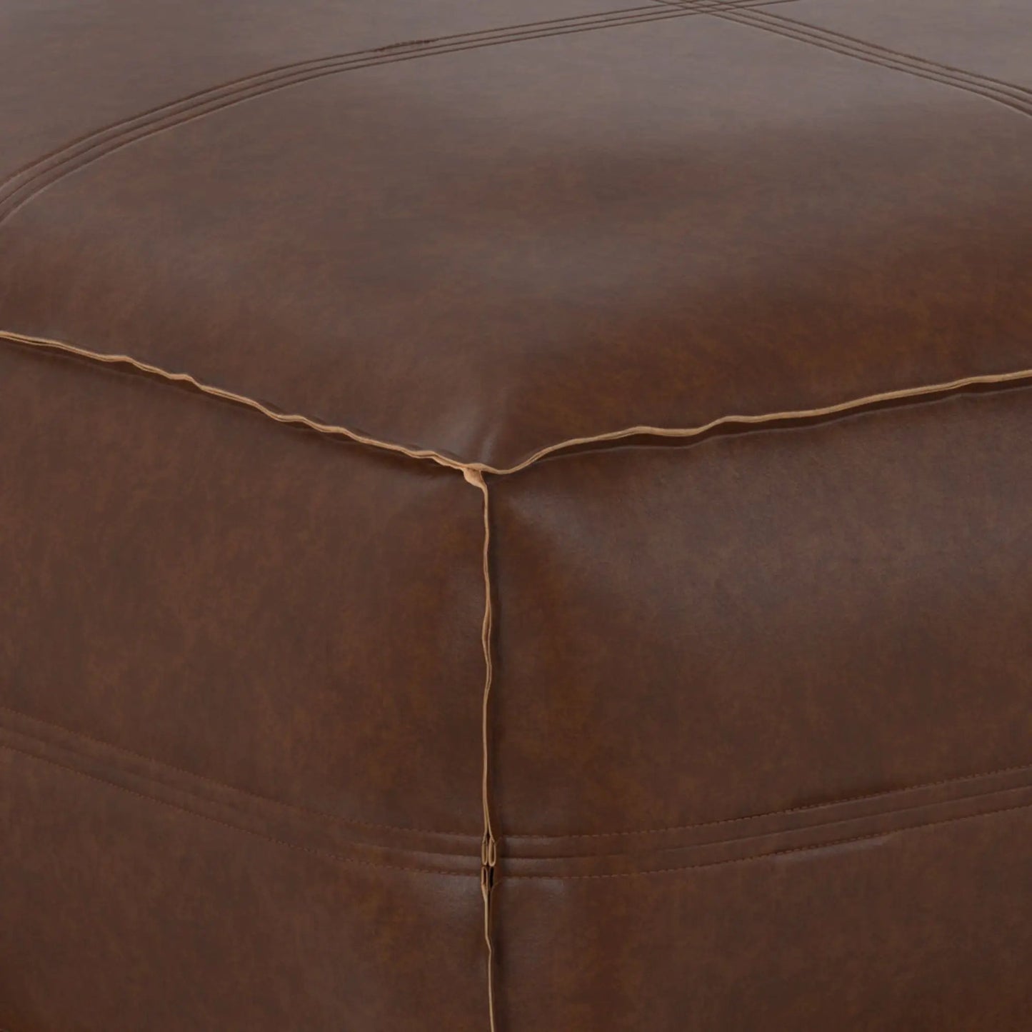 Brody large square coffee table pouf, brown leather with stitched seams on Tampa Home & Garden Store