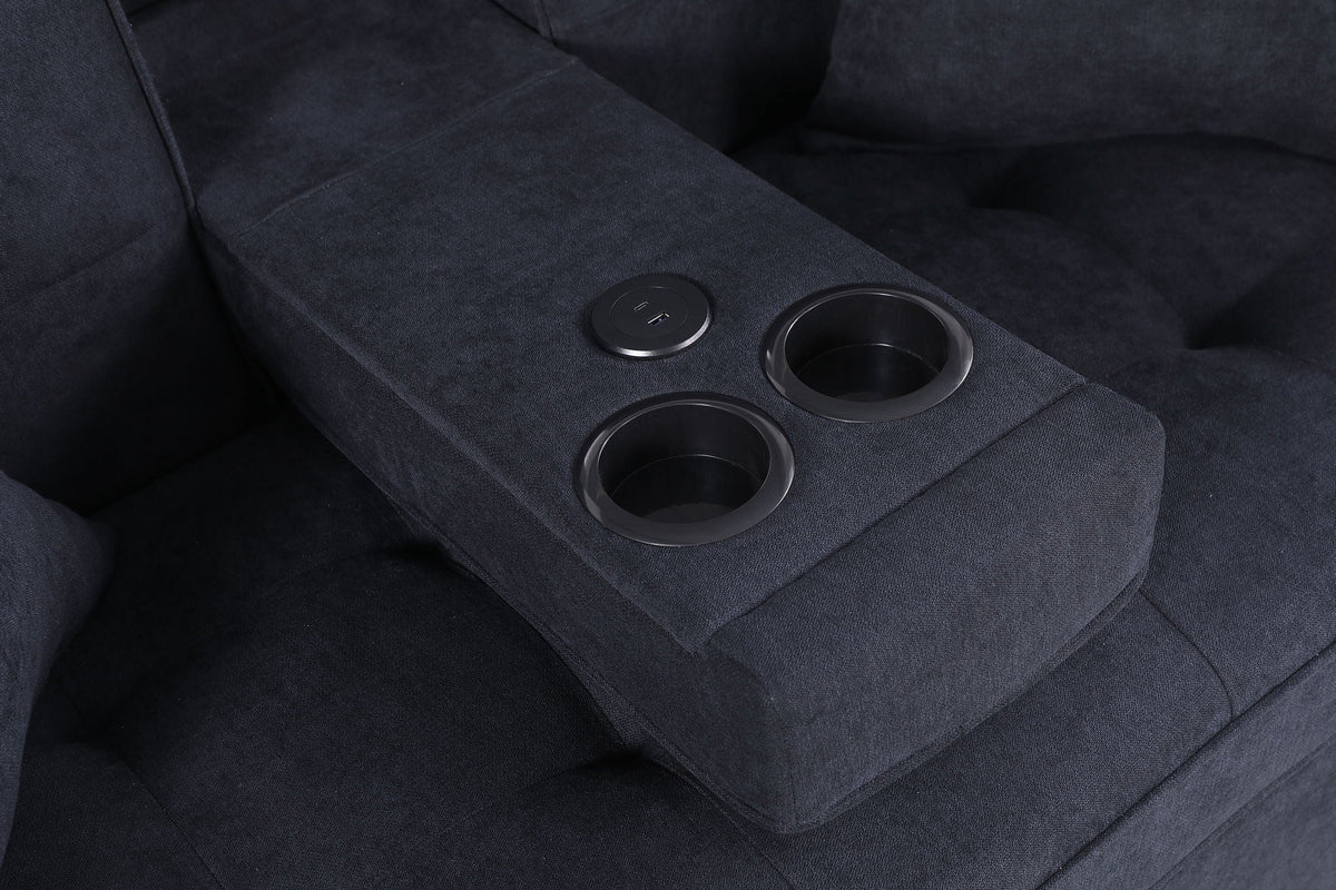Convertible sleeper loveseat armrest with cup holders and USB ports in dark gray fabric on Tampa Home & Garden Store