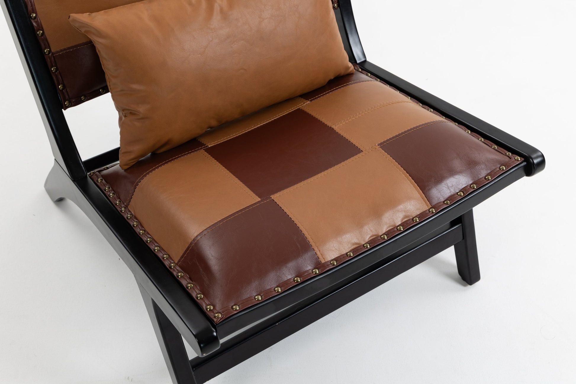 Modern Boho Accent Chair HouseOfZazla with patchwork tan brown leather and brass rivets on Tampa Home & Garden Store