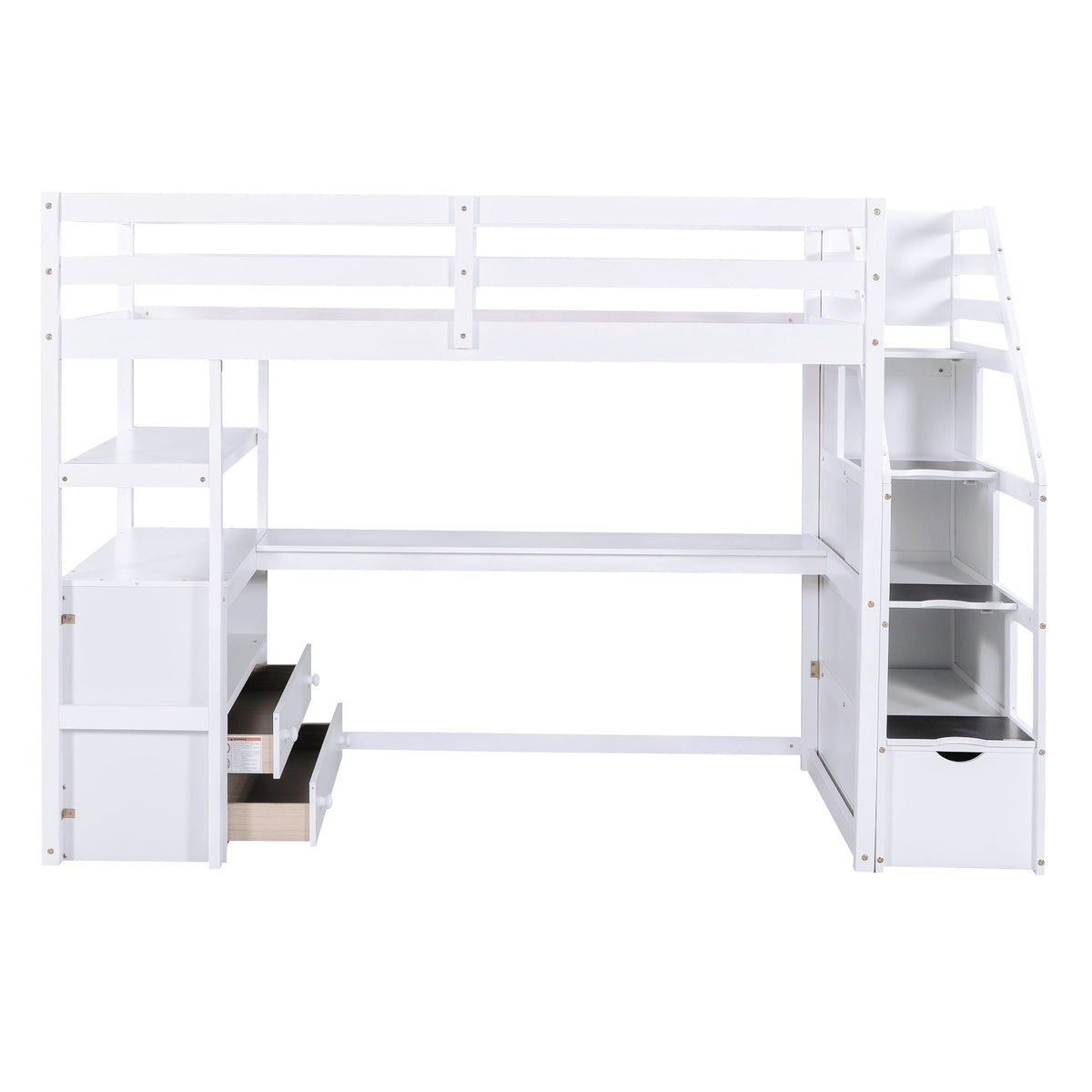 White loft bed with desk, shelves, 2 drawers and storage staircase HouseOfZazla on Tampa Home & Garden Store