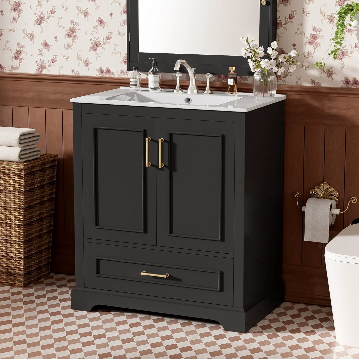 Bathroom vanity with sink, charcoal cabinet, white countertop, brass hardware, 2 doors on Tampa Home & Garden Store