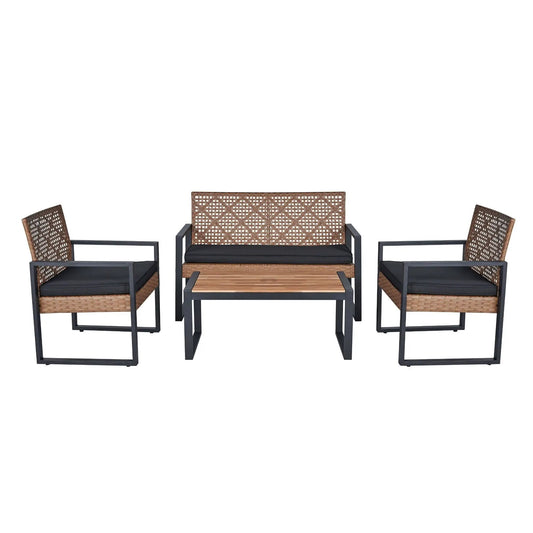 4 Piece Patio Set with Acacia Wood Table Top, black frames, wicker seating and cushions on Tampa Home & Garden Store