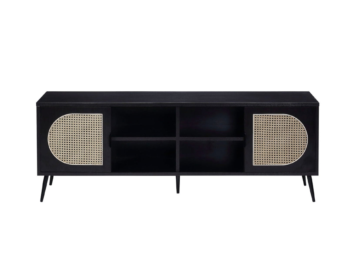 Colson TV Stand Black by HouseOfZazla with cane-woven doors and open center shelves on Tampa Home & Garden Store