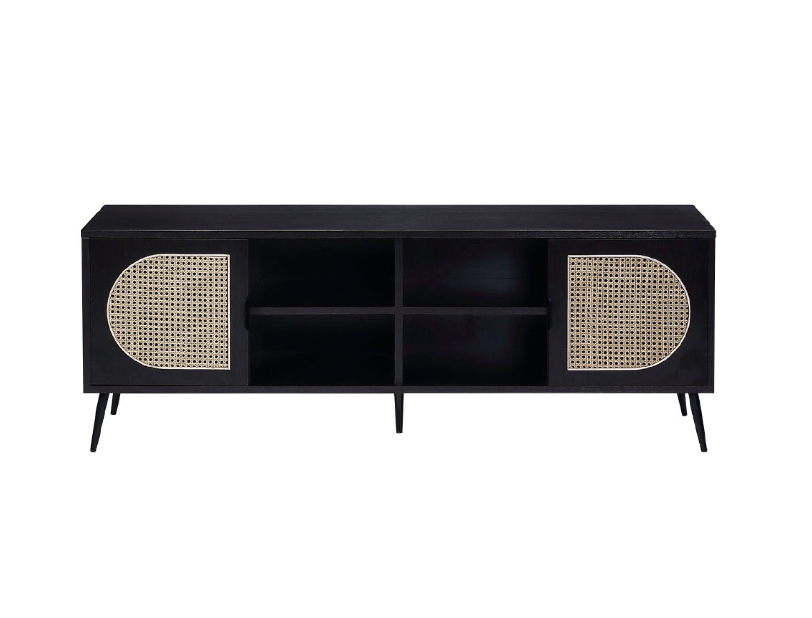 Colson TV Stand Black by HouseOfZazla with cane-woven doors and open center shelves on Tampa Home & Garden Store