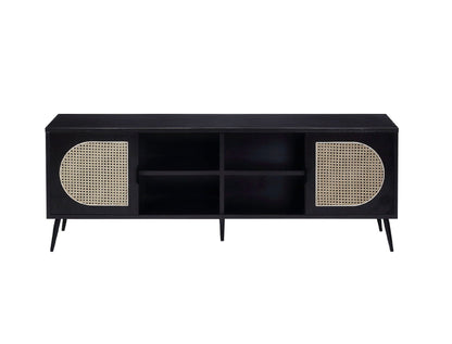 Colson TV Stand Black by HouseOfZazla with cane-woven doors and open center shelves on Tampa Home & Garden Store