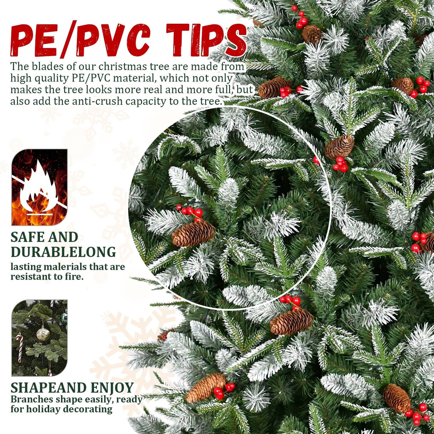 7.5-Foot Snow-Tipped Woodland Christmas Tree by HouseOfZazla with PE/PVC tips, pinecones and red berries on green needles on Tampa Home & Garden Store