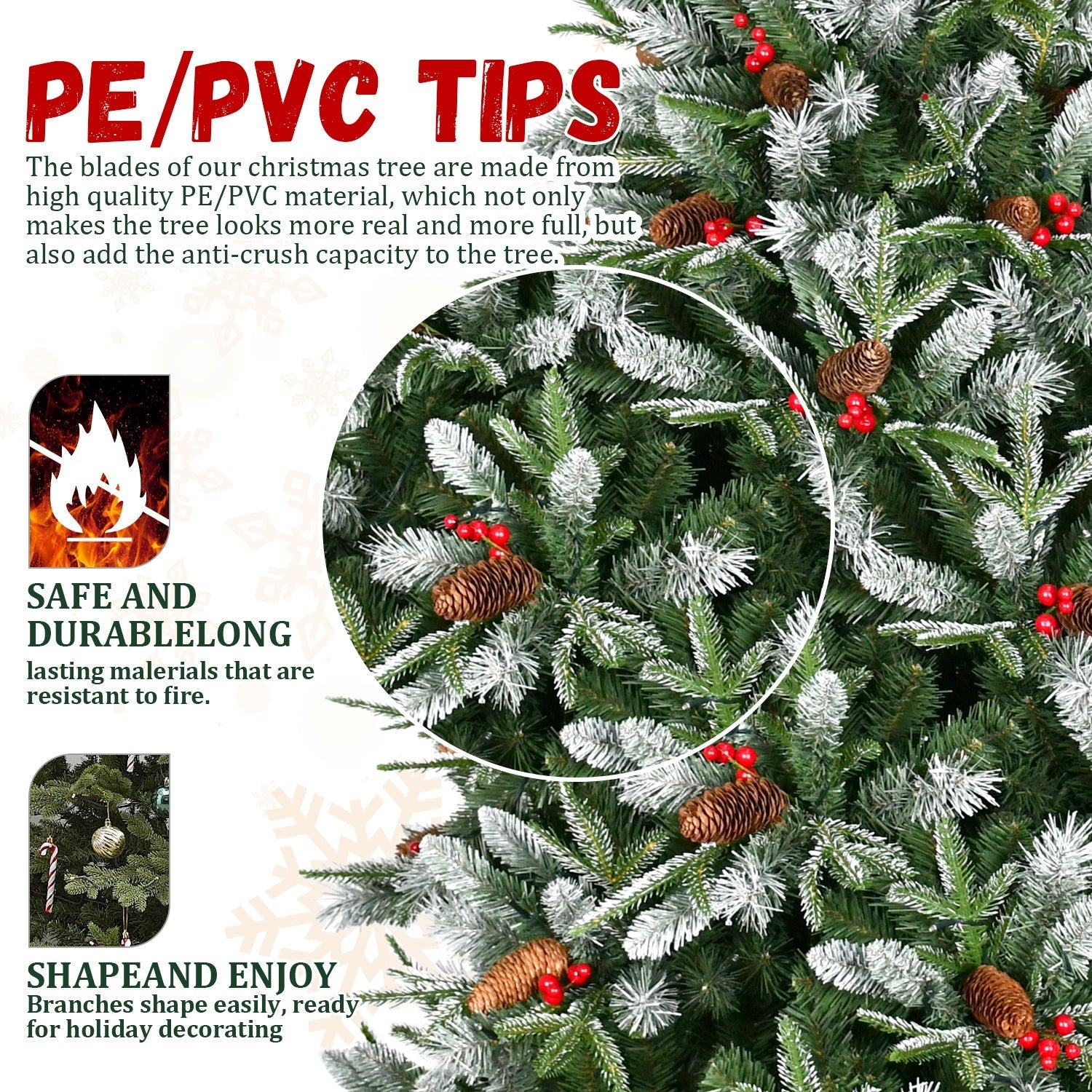 7.5-Foot Snow-Tipped Woodland Christmas Tree by HouseOfZazla with PE/PVC tips, pinecones and red berries on green needles on Tampa Home & Garden Store