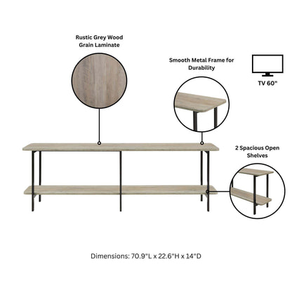Celine 2-Shelf Console Table rustic gray wood laminate top with black metal frame and 2 shelves on Tampa Home & Garden Store