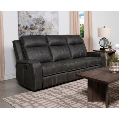 Forrest gray motion reclining sofa by HouseOfZazla; tufted cushions, wide track arms on Tampa Home & Garden Store