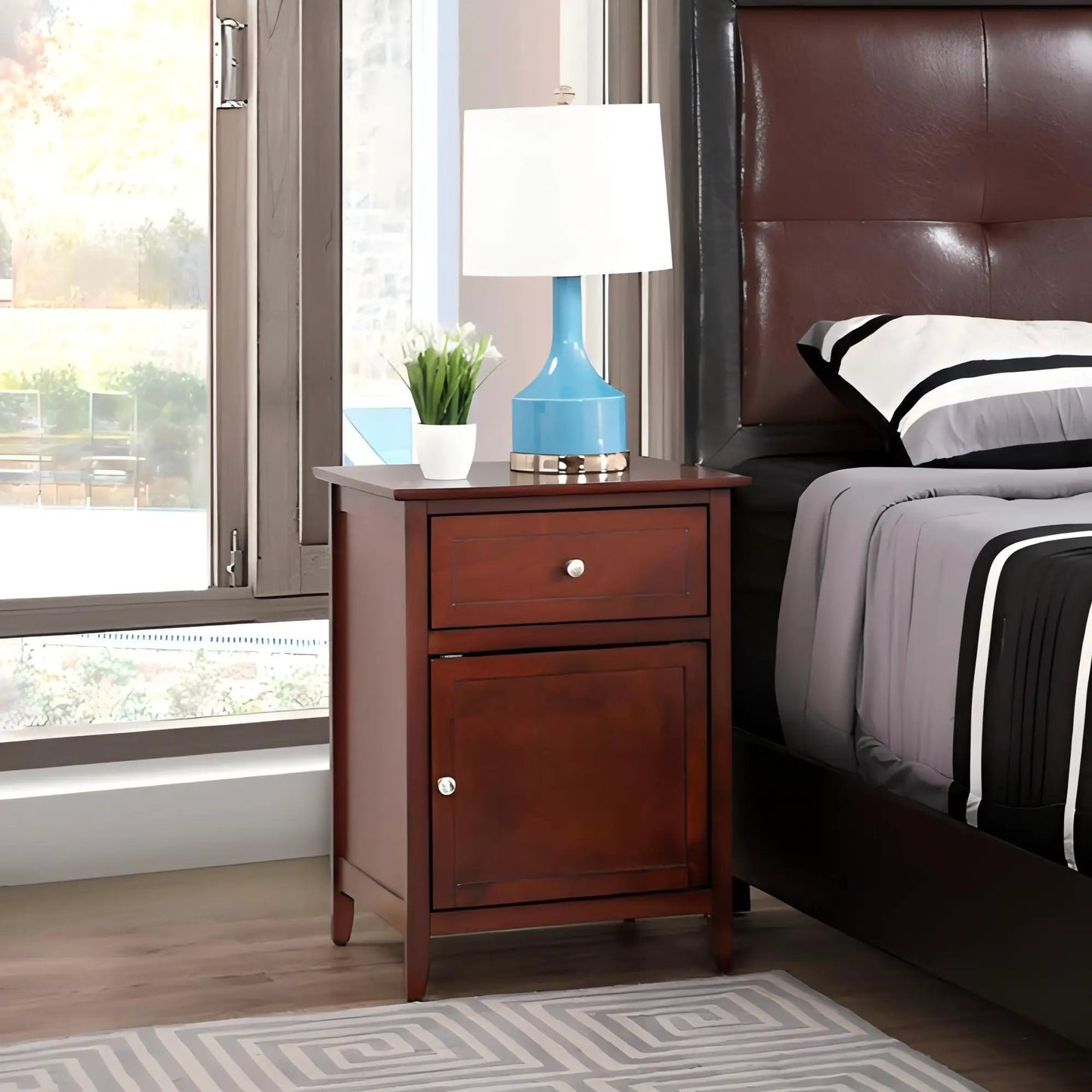 1 Drawer / 1 Door Nightstand in warm brown wood with silver knob and compact design on Tampa Home & Garden Store