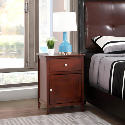 1 Drawer / 1 Door Nightstand in warm brown wood with silver knob and compact design on Tampa Home & Garden Store
