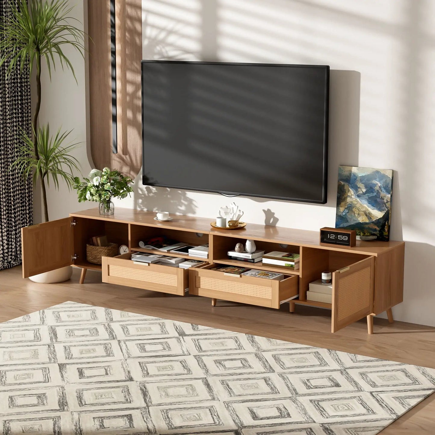 Rattan and Solid Wood TV Stand With Cable