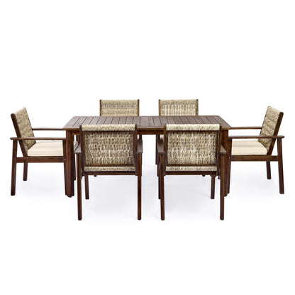 7 Piece Outdoor Acacia Wood Dining Set with Cushions, dark brown wood with woven chairs on Tampa Home & Garden Store