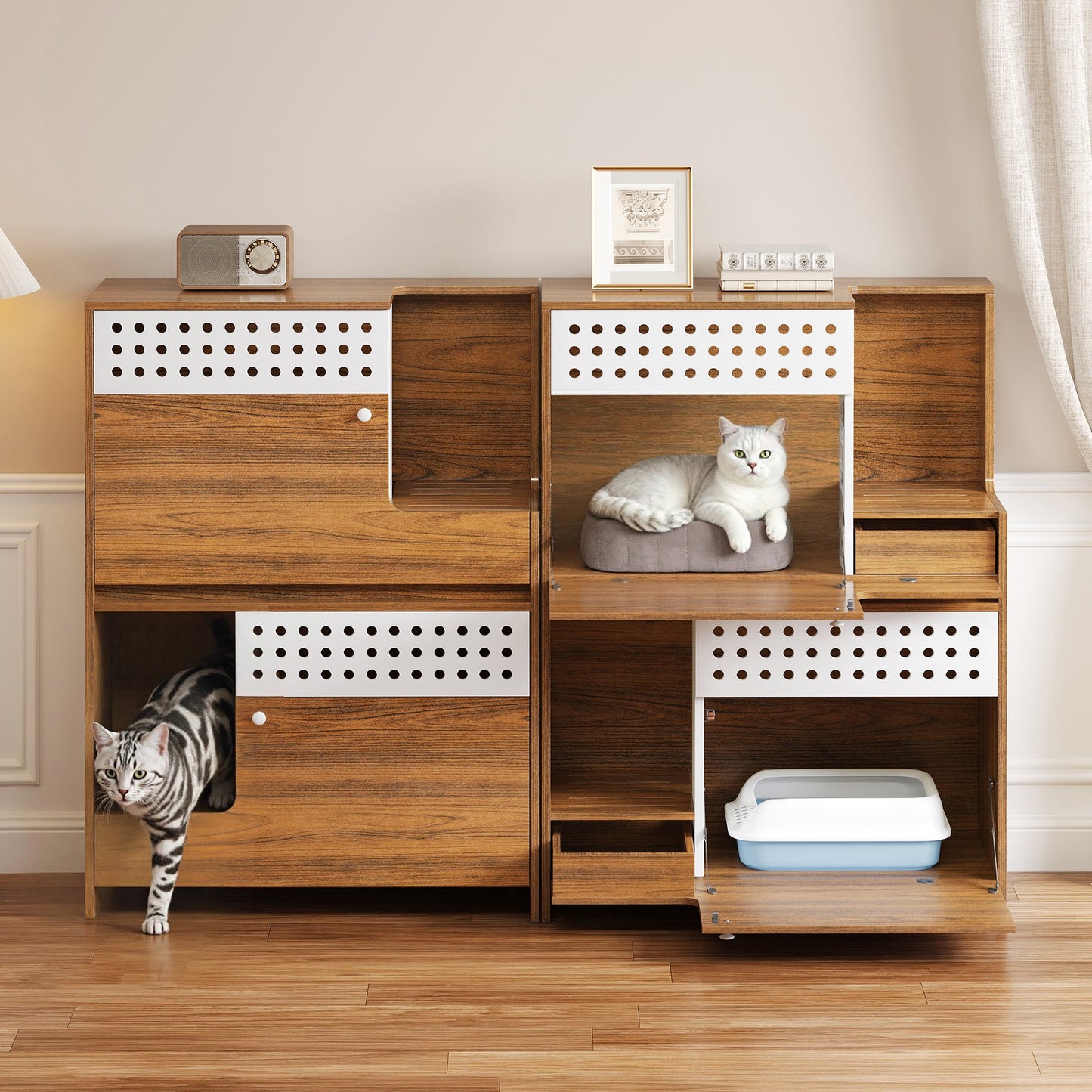 2-Piece Modern 2 IN 1 Cat Furniture Set wood unit with perforated drawers cats lounging on Tampa Home & Garden Store