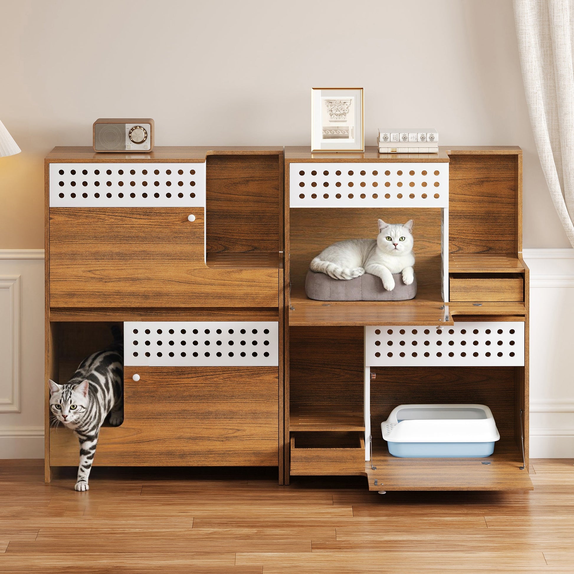 2-Piece Modern 2 IN 1 Cat Furniture Set wood unit with perforated drawers cats lounging on Tampa Home & Garden Store