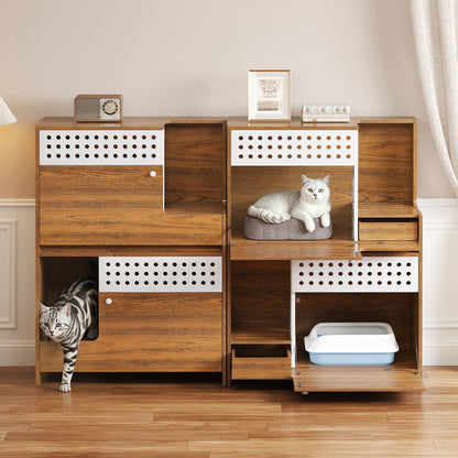 2-Piece Modern 2 IN 1 Cat Furniture Set wood unit with perforated drawers cats lounging on Tampa Home & Garden Store