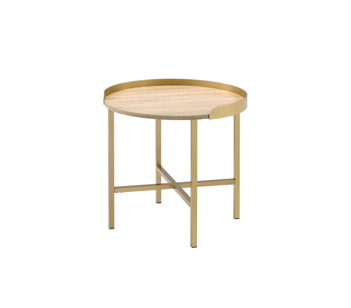 Oak and gold end table with round 22in top and cross-bar metal base on Tampa Home & Garden Store