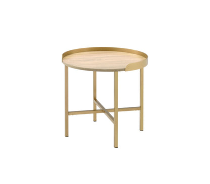 Oak and gold end table with round 22in top and cross-bar metal base on Tampa Home & Garden Store