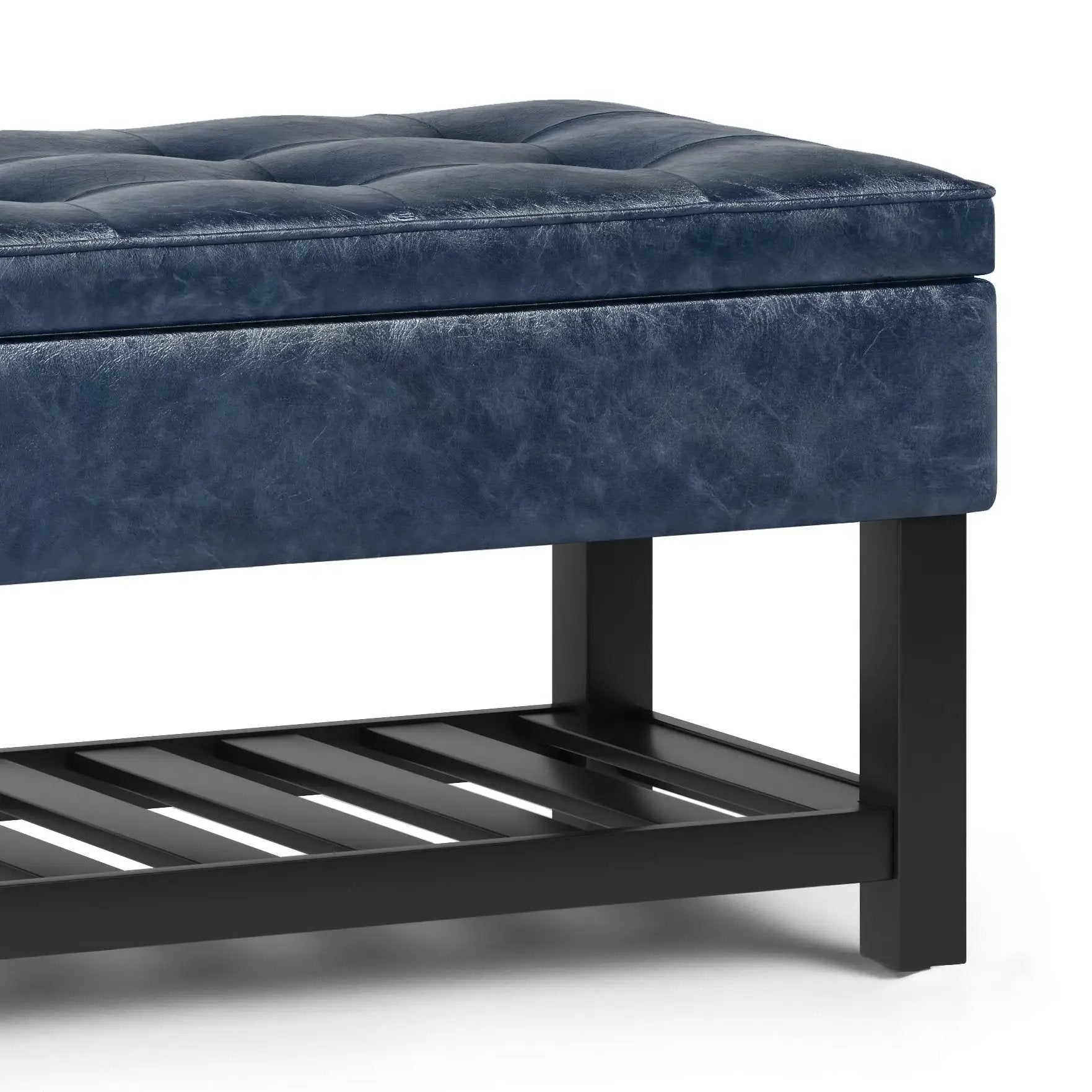 Cosmopolitan ottoman storage bench navy faux leather with top and open shelf on black legs on Tampa Home & Garden Store