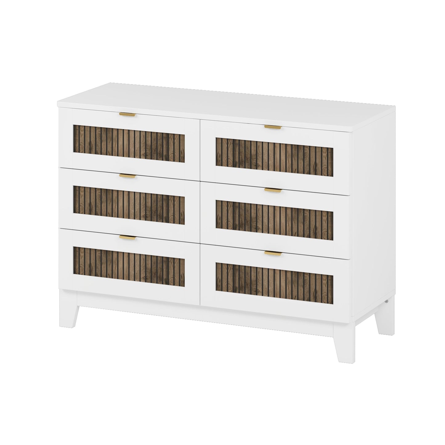White farmhouse storage dresser with wood slat fronts and gold handles in white finish on Tampa Home & Garden Store