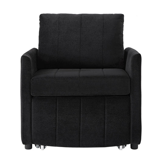 Upholstered black futon chair with textured fabric and caster wheels on Tampa Home & Garden Store