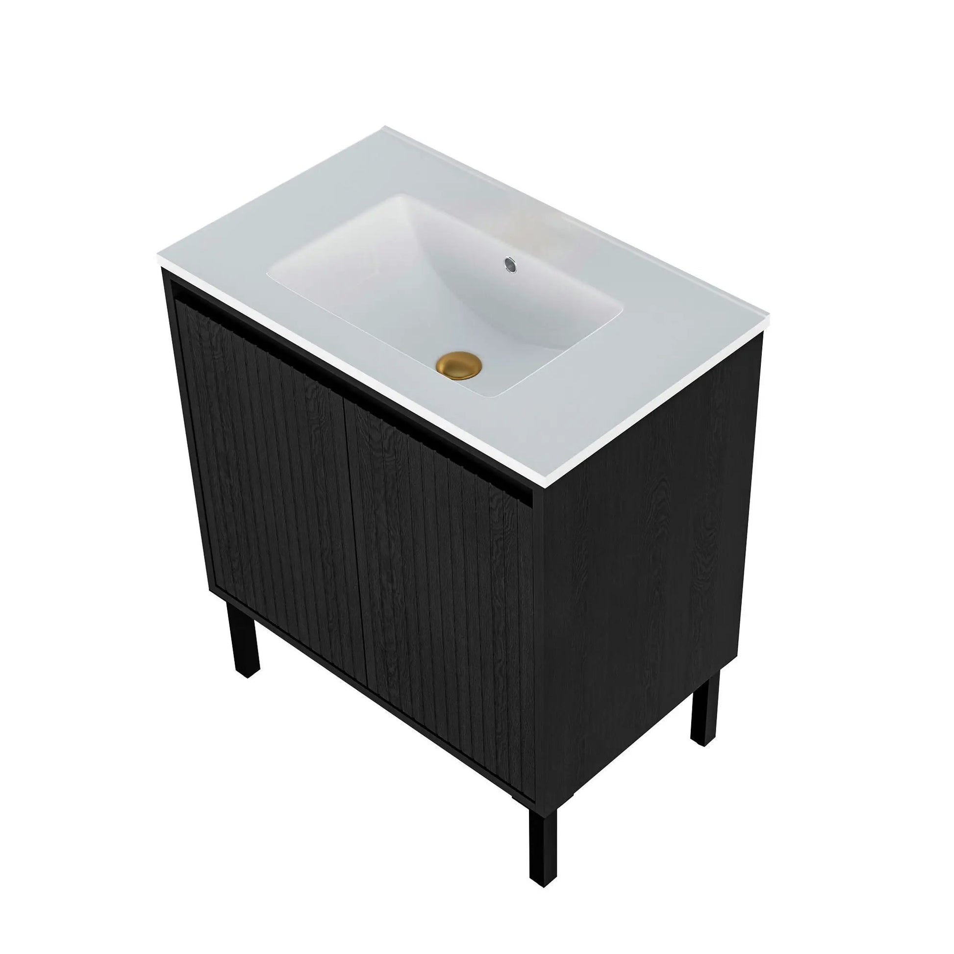 Bathroom vanity with ceramic sink, black wood cabinet, soft-close drawers floor-standing on Tampa Home & Garden Store