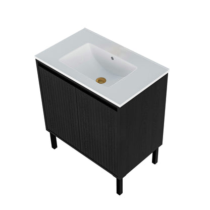 Bathroom vanity with ceramic sink, black wood cabinet, soft-close drawers floor-standing on Tampa Home & Garden Store