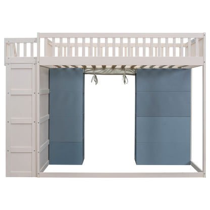 Full-size loft bed white with 2 4-tier storage cabinets built-in staircase and curtain on Tampa Home & Garden Store