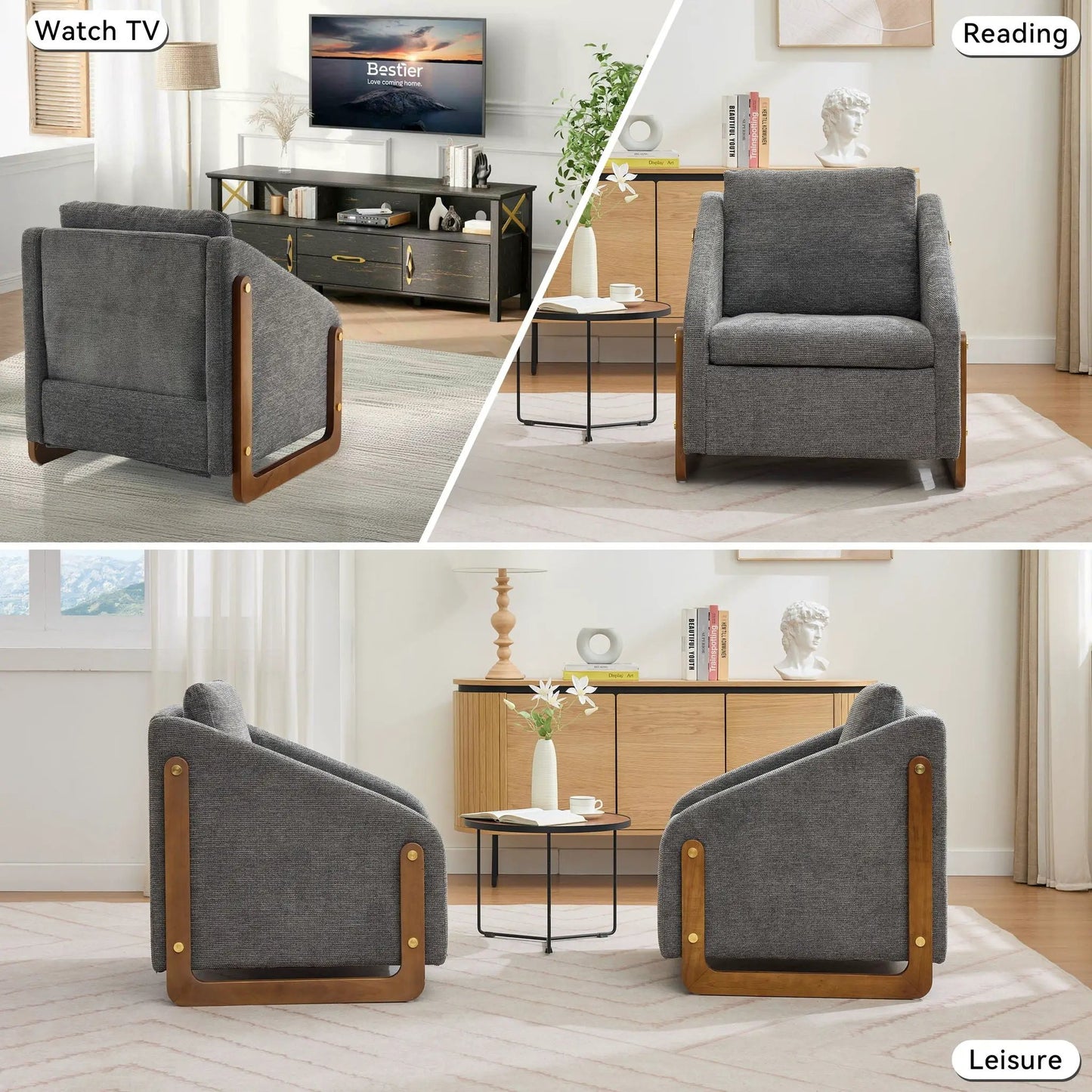 Modern Upholstered Armchairs with wooden side frames, gray fabric, pair by Unique Piece Furniture on Tampa Home & Garden Store
