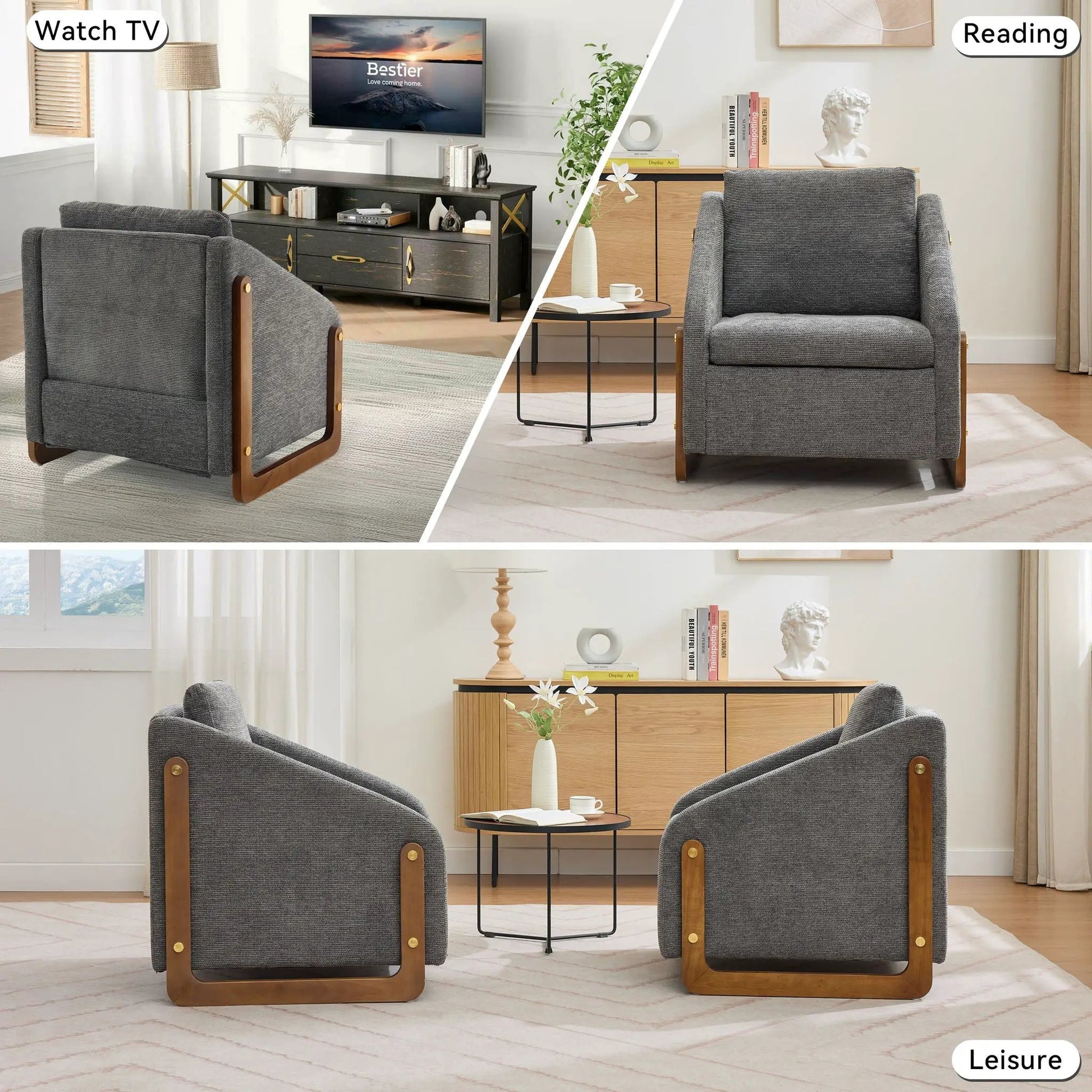 Modern Upholstered Armchairs with wooden side frames, gray fabric, pair by Unique Piece Furniture on Tampa Home & Garden Store