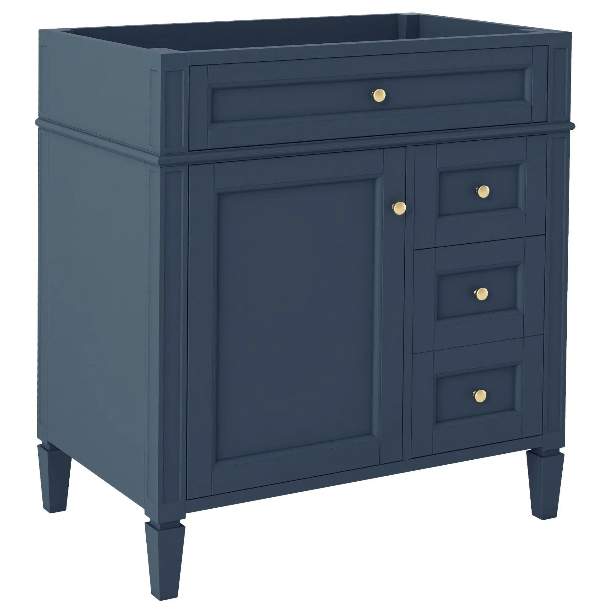 Bathroom vanity base with 2 drawers, tip-out drawer, and storage cabinet in blue with brass knobs on Tampa Home & Garden Store