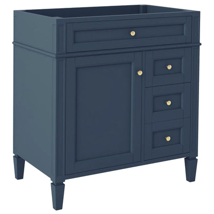 Bathroom vanity base with 2 drawers, tip-out drawer, and storage cabinet in blue with brass knobs on Tampa Home & Garden Store