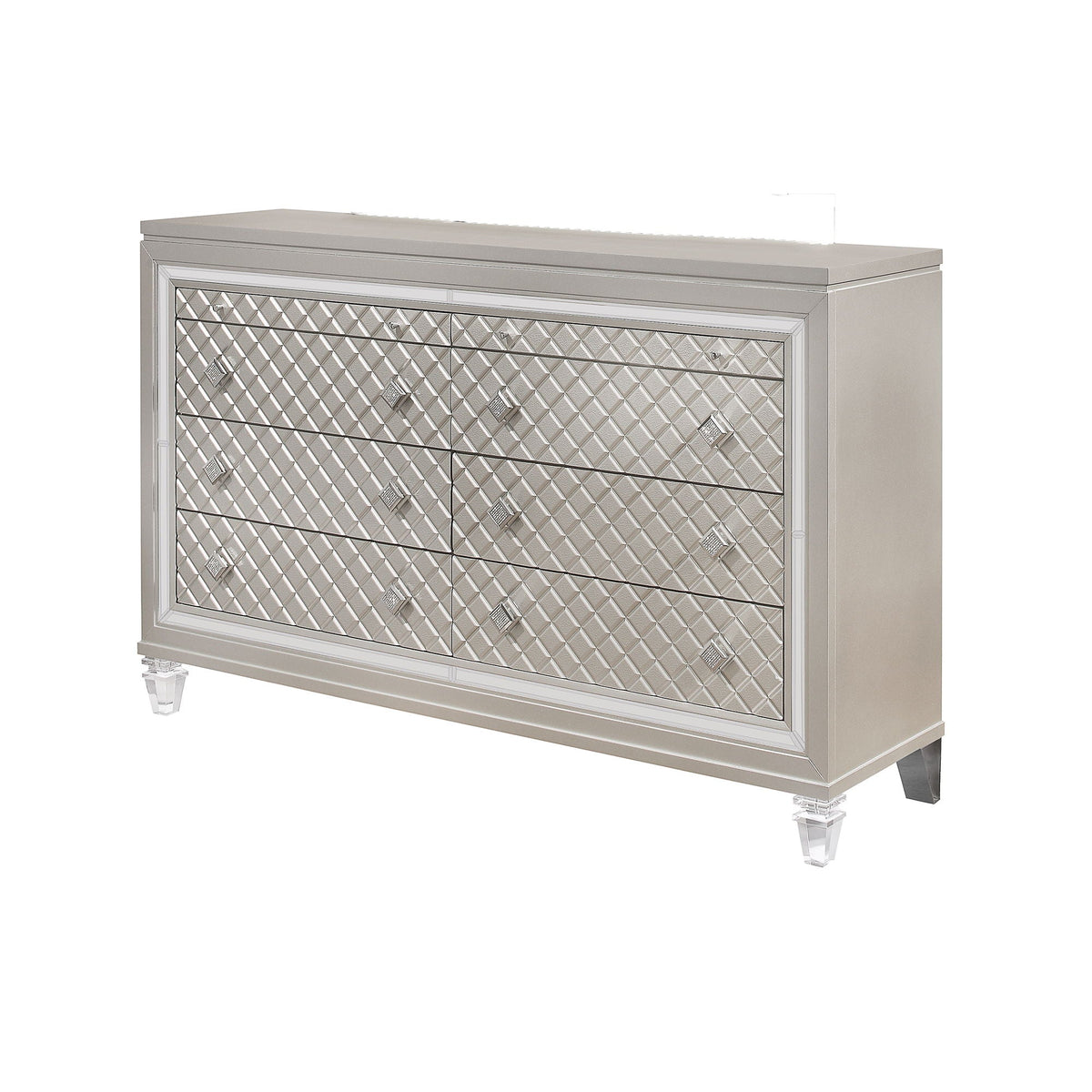 Glam dresser champagne finish with diamond-mirrored fronts, jewelry drawers, crystal knobs and clear legs on Tampa Home & Garden Store