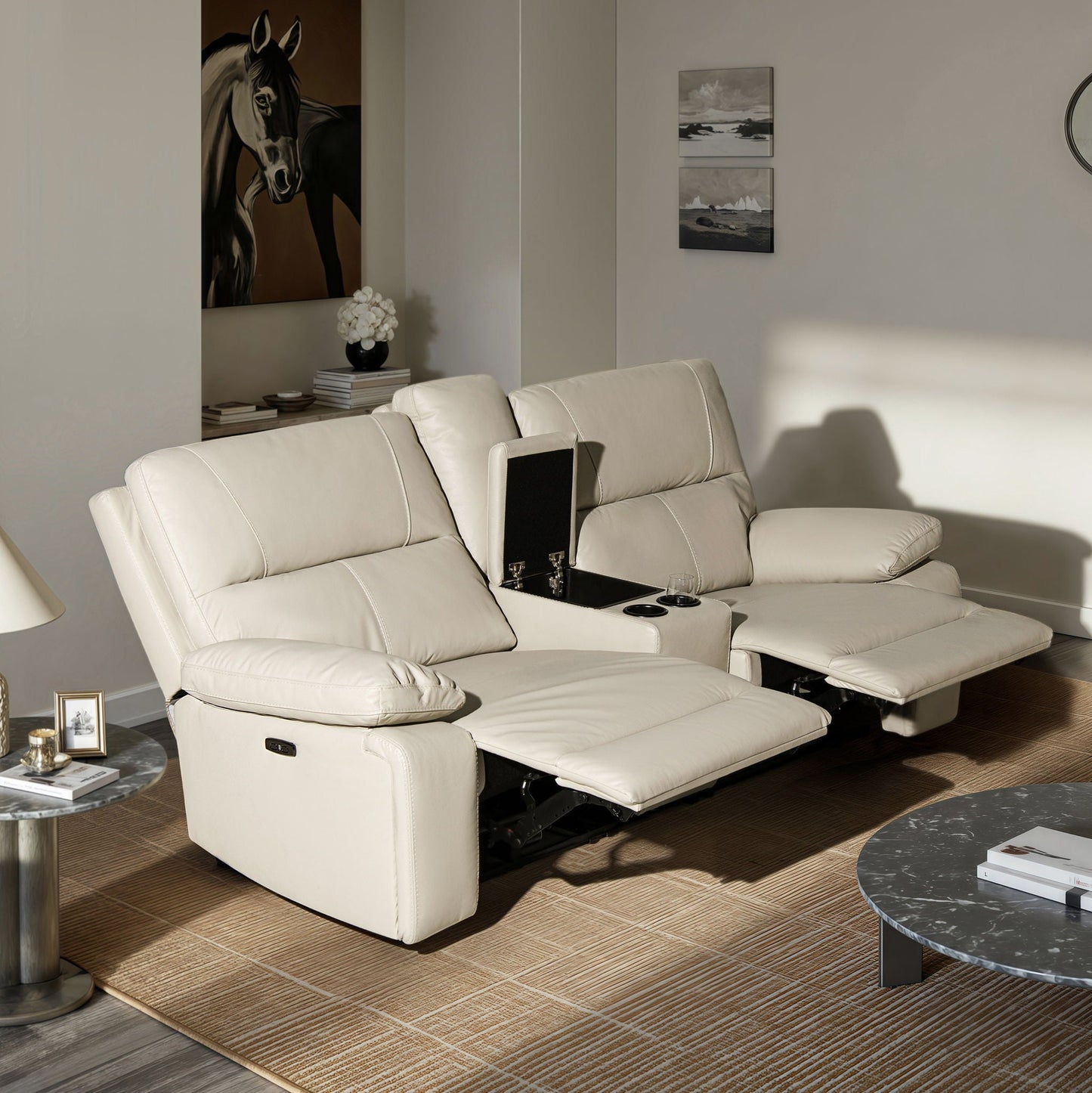 Malibu Modern Power Motion 3 piece Reclining Loveseat with Cup Holders, cream beige leather on Tampa Home & Garden Store