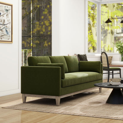 Knox Modern Farmhouse Sofa in olive green velvet with light wood legs on Tampa Home & Garden Store