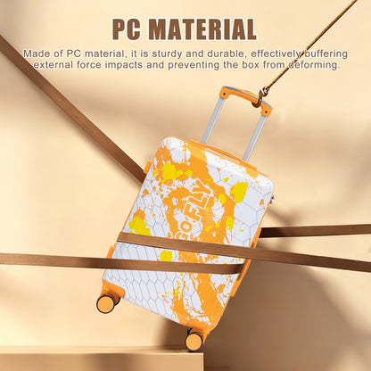 3-Piece PC Spinner Luggage Set in Orange, hard-shell suitcases with orange splash pattern on Tampa Home & Garden Store