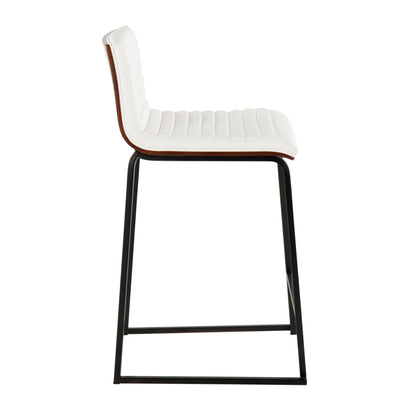 Contemporary counter stool with tufted white upholstery, wood trim and black metal legs on Tampa Home & Garden Store