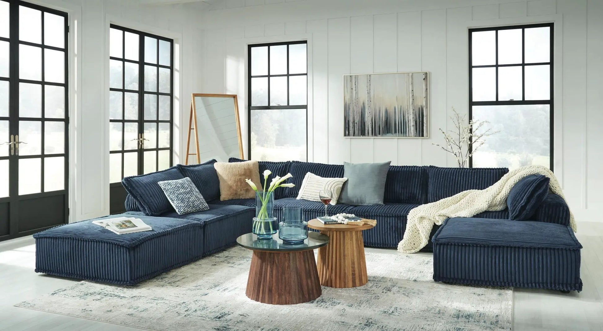 Bales Sectional by Unique Piece Furniture, navy blue corduroy fabric stationary sofa on Tampa Home & Garden Store