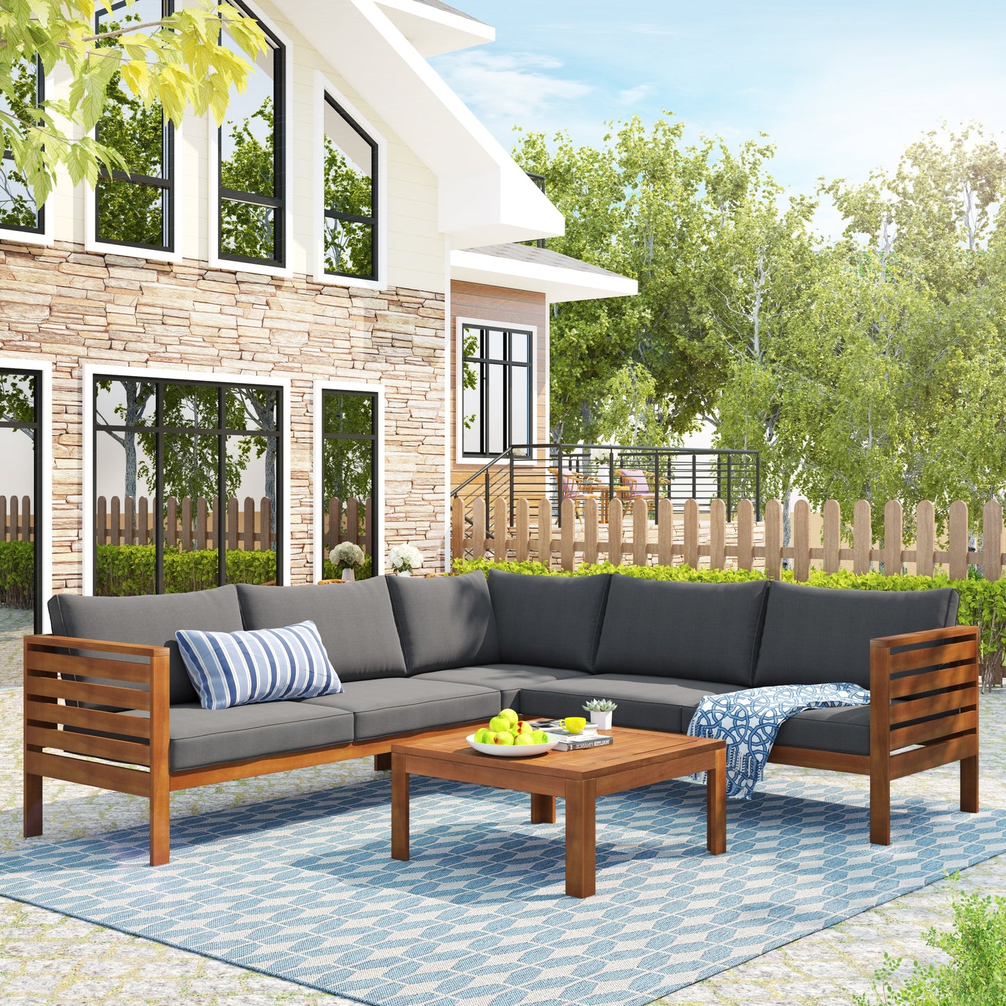 HouseOfZazla Wood Structure Outdoor Sofa Set with Gray Cushions on a blue outdoor rug on Tampa Home & Garden Store