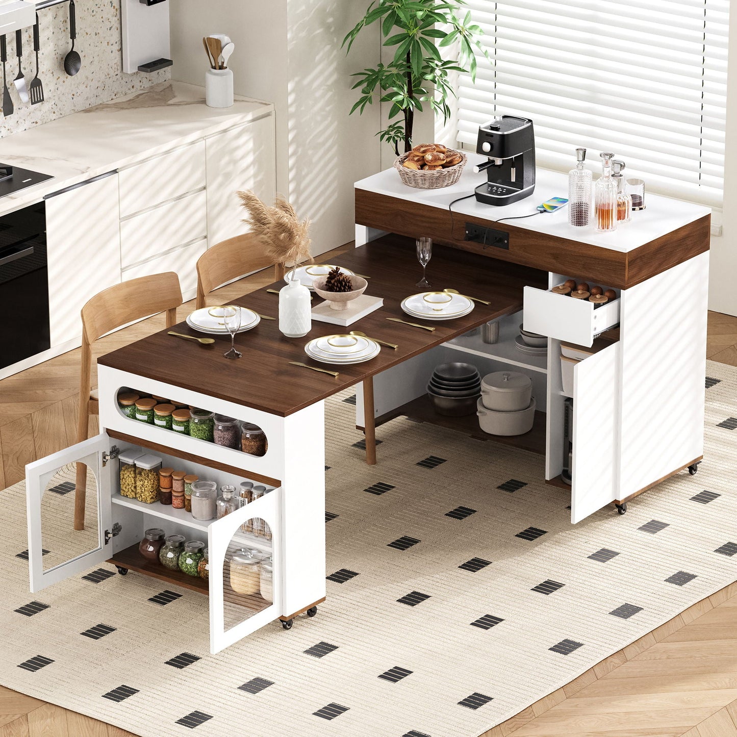 Extendable dining table folding top, rolling kitchen island with drawers and power outlet on Tampa Home & Garden Store