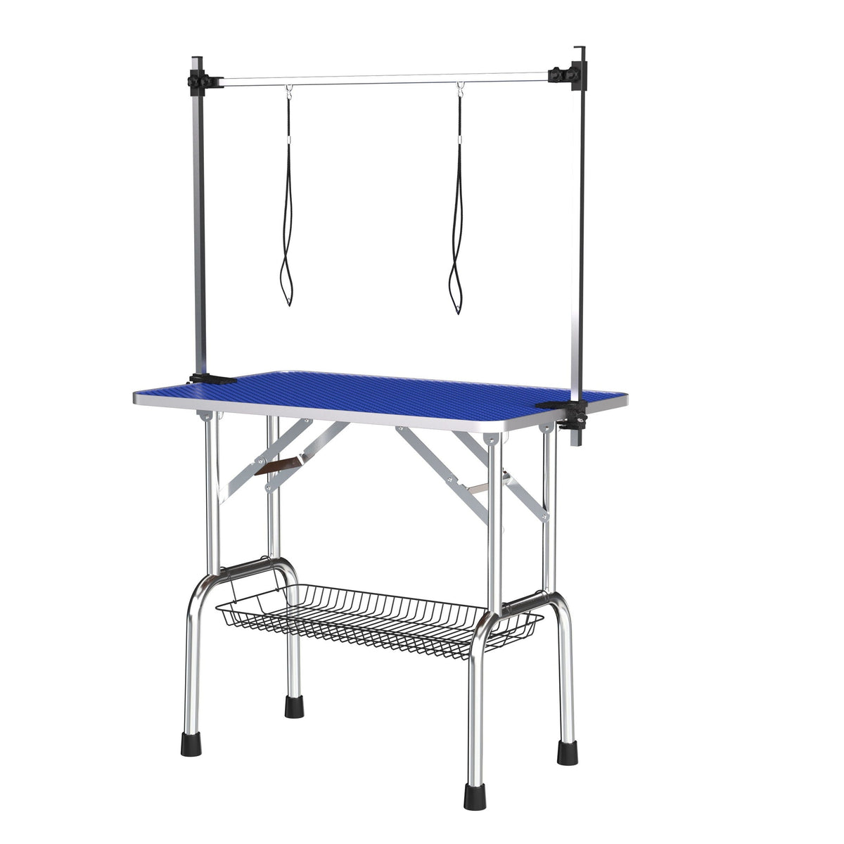 Pet grooming table with blue non-slip top and chrome frame, dual arms with clamps on Tampa Home & Garden Store