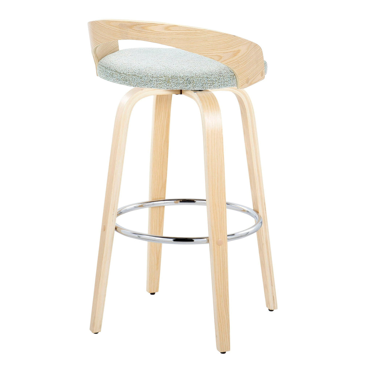Contemporary fixed-height barstool set with swivel cushioned seat, gray fabric, wood frame on Tampa Home & Garden Store